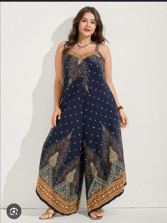 BloomChic Pants - BloomChic Navy Wide-Leg Printed Jumpsuit with Gold & Teal Border